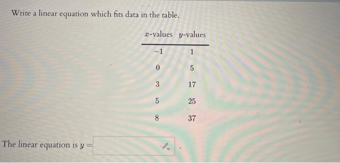 Solved Write a linear equation which fits data in the table. | Chegg.com
