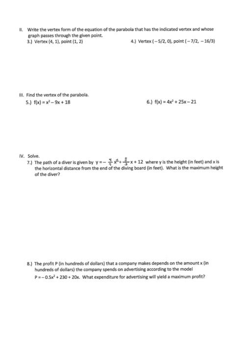 Solved 1. Write the vertex form of the equation of the | Chegg.com