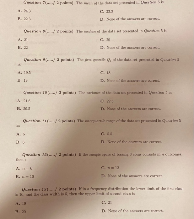 Solved Question 7...../ 2 points) The mean of the data set | Chegg.com