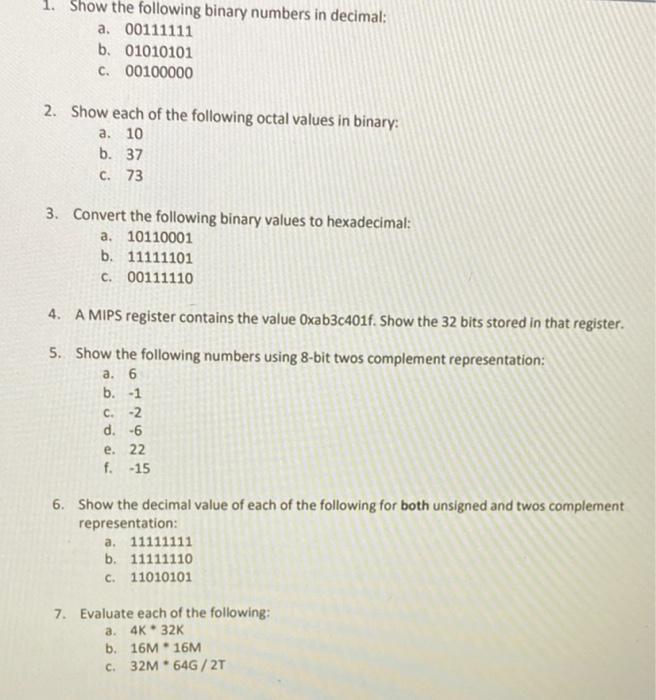 Solved 1. Show The Following Binary Numbers In Decimal: A. | Chegg.com