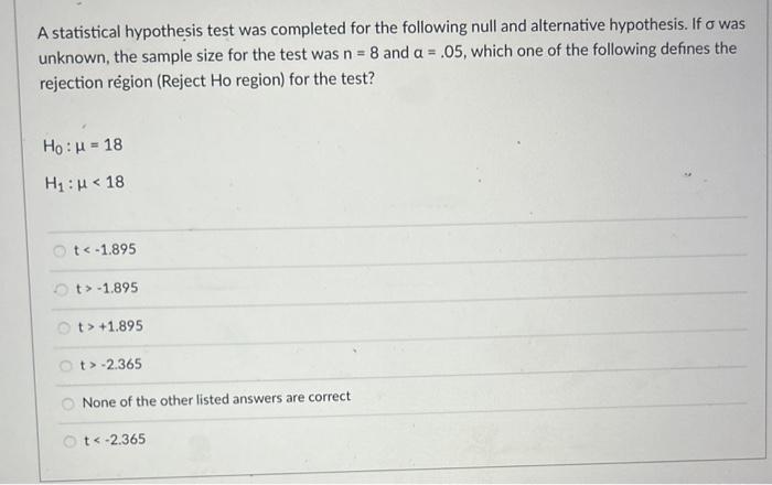 Solved A statistical hypothesis test was completed for the | Chegg.com