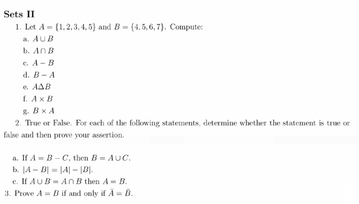 Solved Sets II 1. Let A = {1,2,3,4,5} And B = {4, 5, 6, 7). | Chegg.com