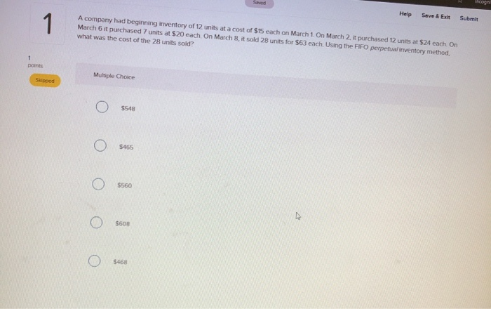 Solved Help Save & Exit Submit A company had beginning | Chegg.com