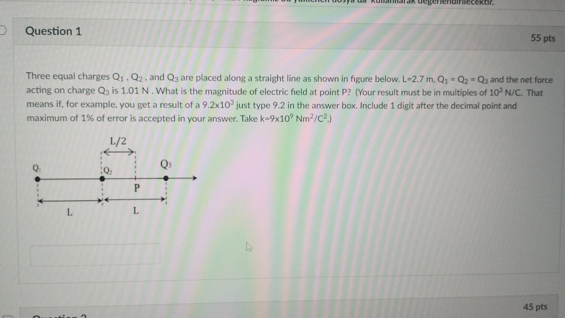 Solved Three Equal Charges Q1,Q2, And Q3 Are Placed Along A | Chegg.com