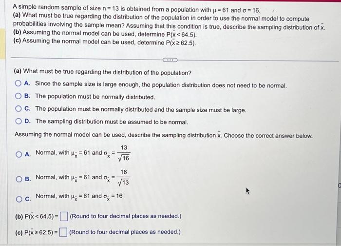 Solved A simple random sample of size n=13 is obtained from | Chegg.com