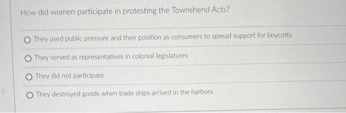 How did women participate in protesting the Townshend | Chegg.com