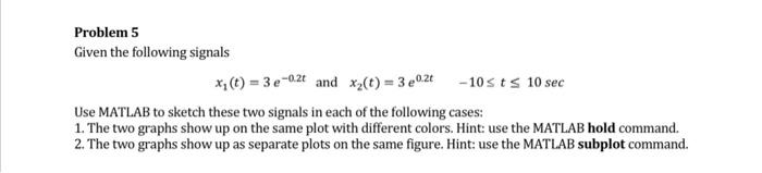 Solved Problem 5 Given The Following Signals X1(t)=3e−0.2t | Chegg.com