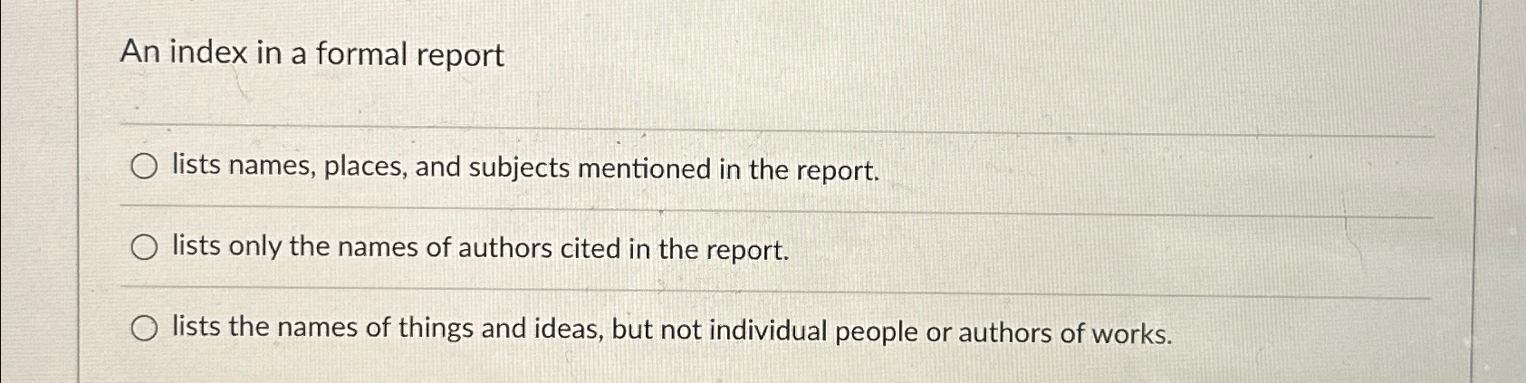 Solved An index in a formal reportlists names, places, and | Chegg.com