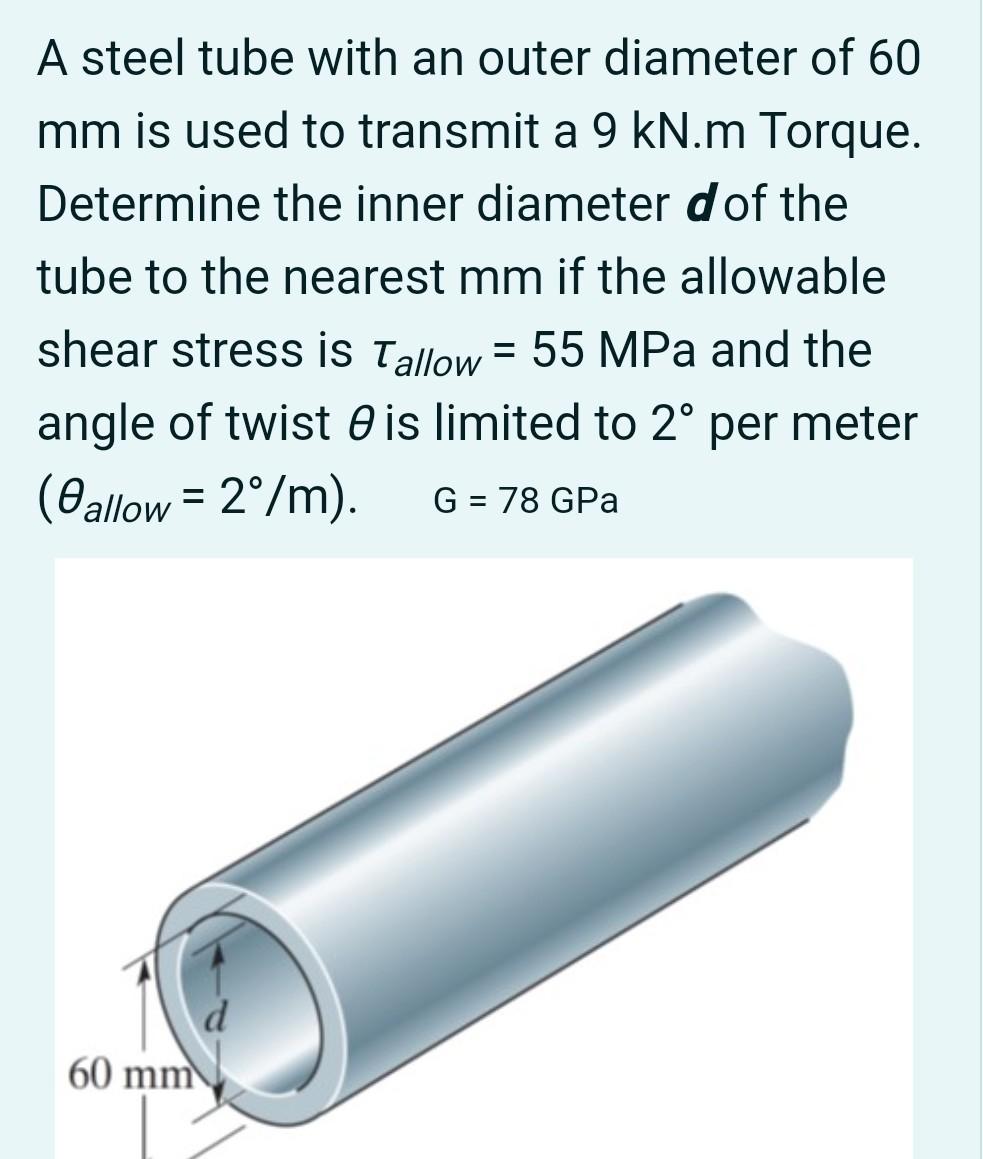 Solved A steel tube with an outer diameter of 60 mm is used | Chegg.com
