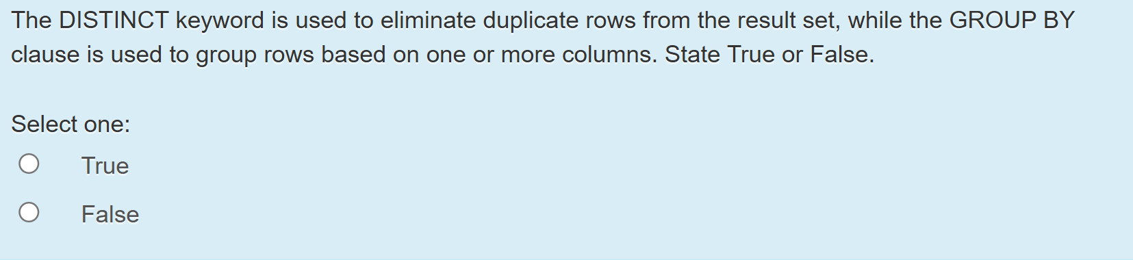 Solved The DISTINCT keyword is used to eliminate duplicate | Chegg.com