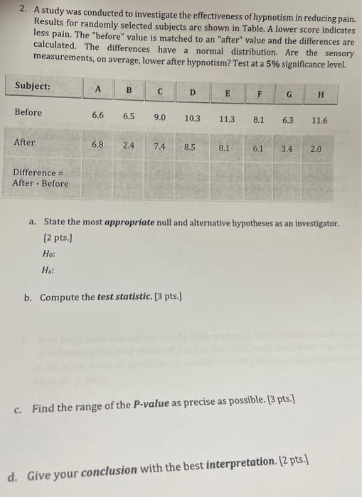 Solved 2. A study was conducted to investigate the | Chegg.com