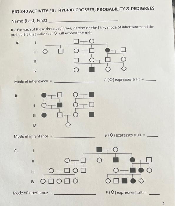 Solved BIO 340 ACTIVITY #3: HYBRID CROSSES, PROBABILITY \& | Chegg.com