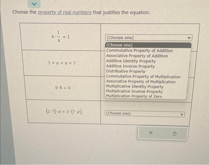 Solved Choose the property of real numbers that justifies | Chegg.com
