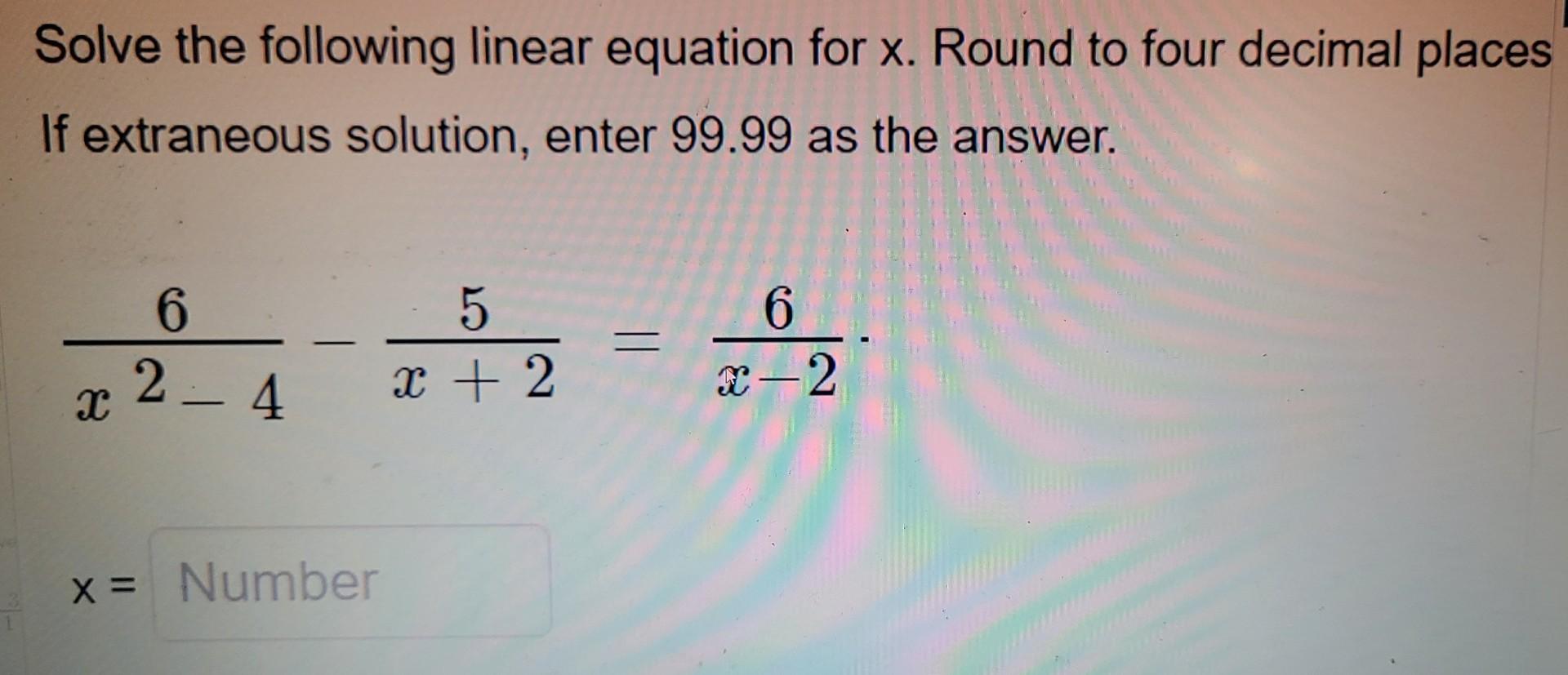 Solved Solve the following linear equation for x. ﻿Round to | Chegg.com