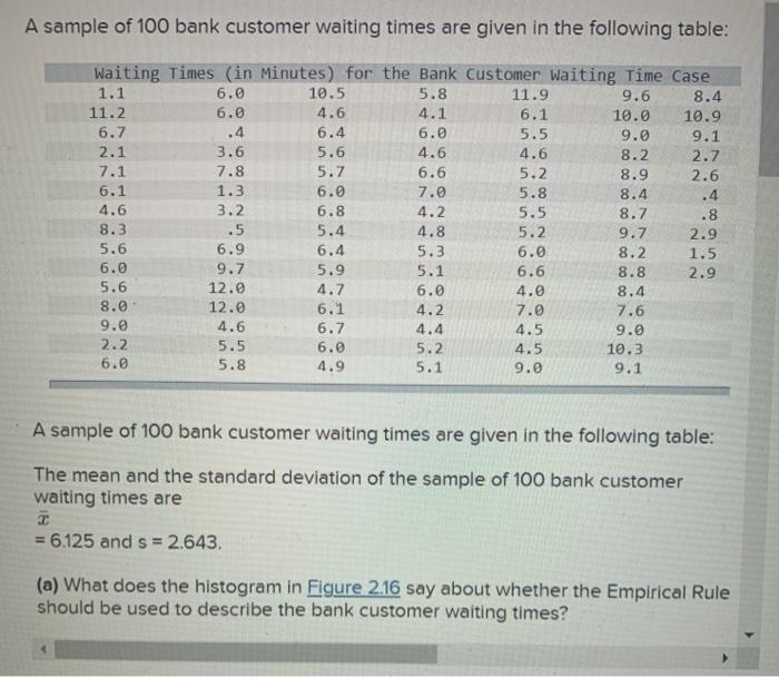 A sample of 100 bank customer waiting times are given | Chegg.com
