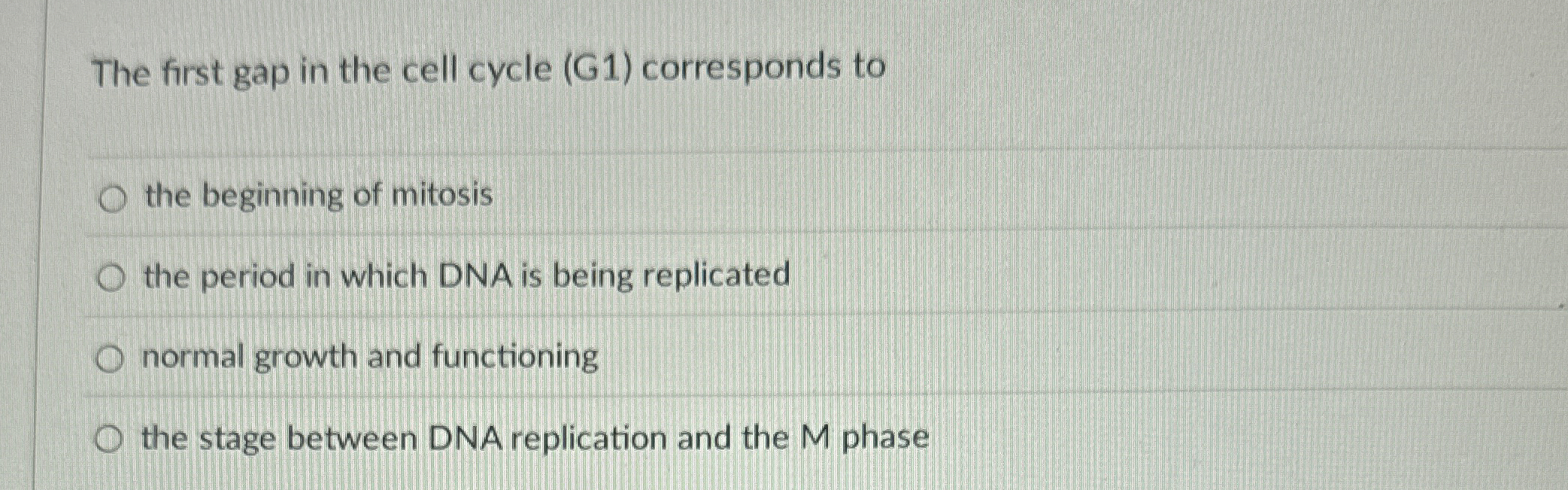 Solved The first gap in the cell cycle (G1) ﻿corresponds | Chegg.com