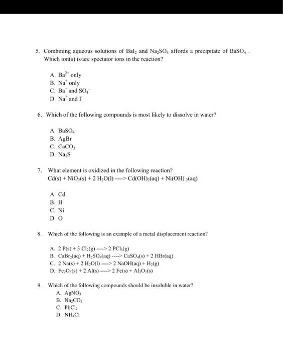 Solved 5. Combining aqueous solutions of Bal, and Na.So, | Chegg.com