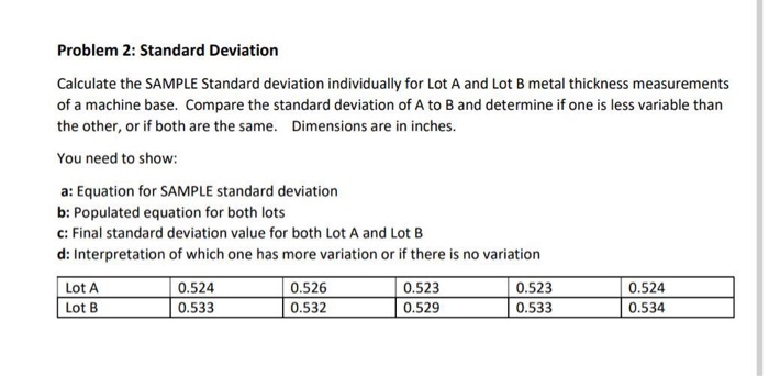 Solved Problem 2: Standard Deviation Calculate the SAMPLE | Chegg.com