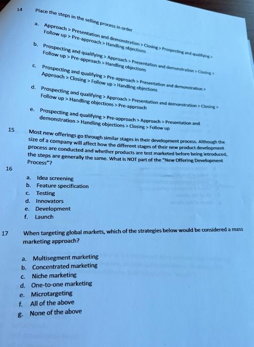 Solved 14 Place the steps in the selling process in order a. | Chegg.com