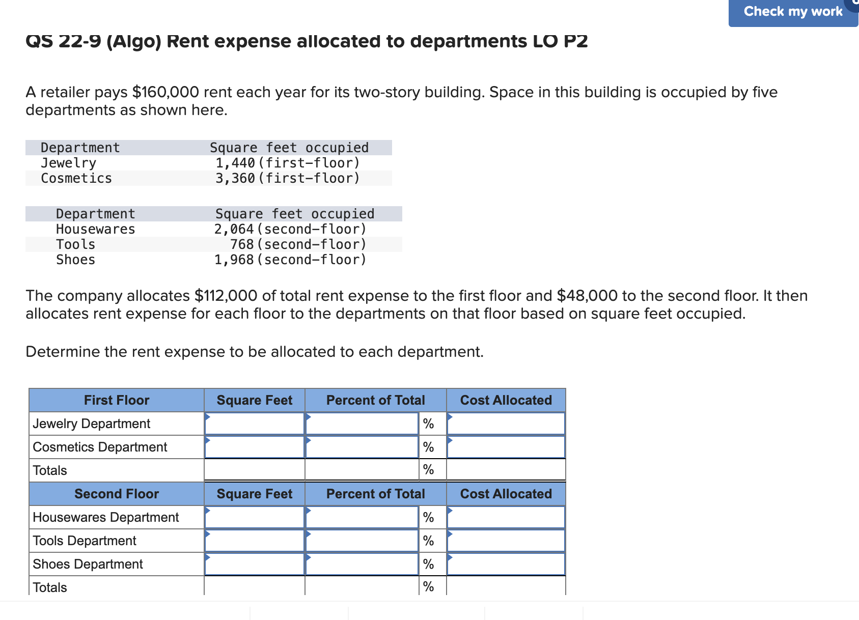 Solved QS 22-9 (Algo) ﻿Rent expense allocated to departments | Chegg.com