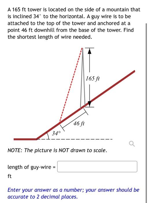 Solved A 165 ft tower is located on the side of a mountain | Chegg.com
