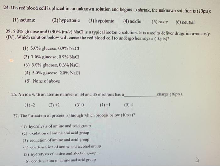Solved 24. If a red blood cell is placed in an unknown | Chegg.com