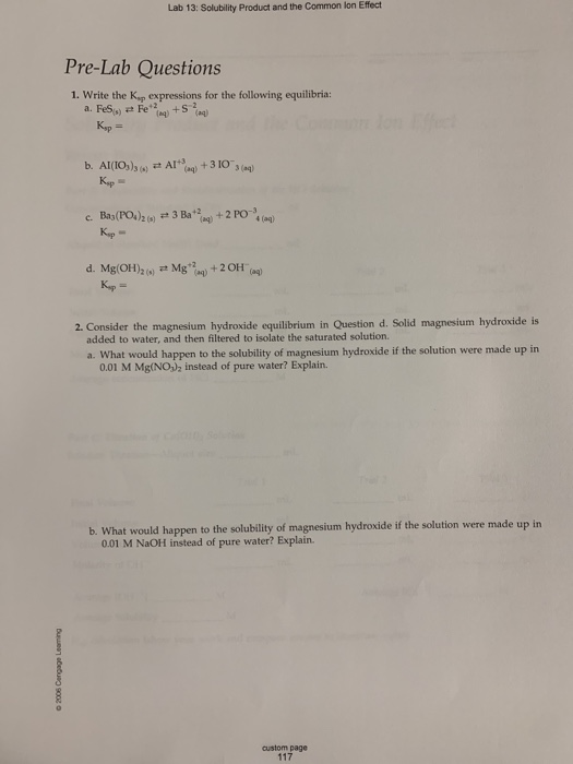Solved Lab 13 Solubility Product and the Common lon Effect