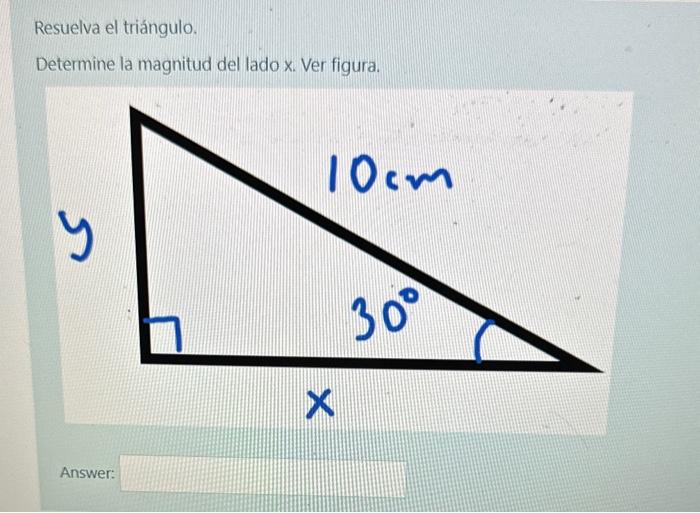 Resuelva el triángulo. Determine la magnitud del lado \( x \). Ver figura.