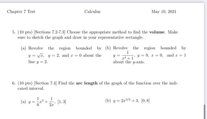 Solved Chapter 7 Test Calculus May 10, 2021 5. (10 pts) | Chegg.com