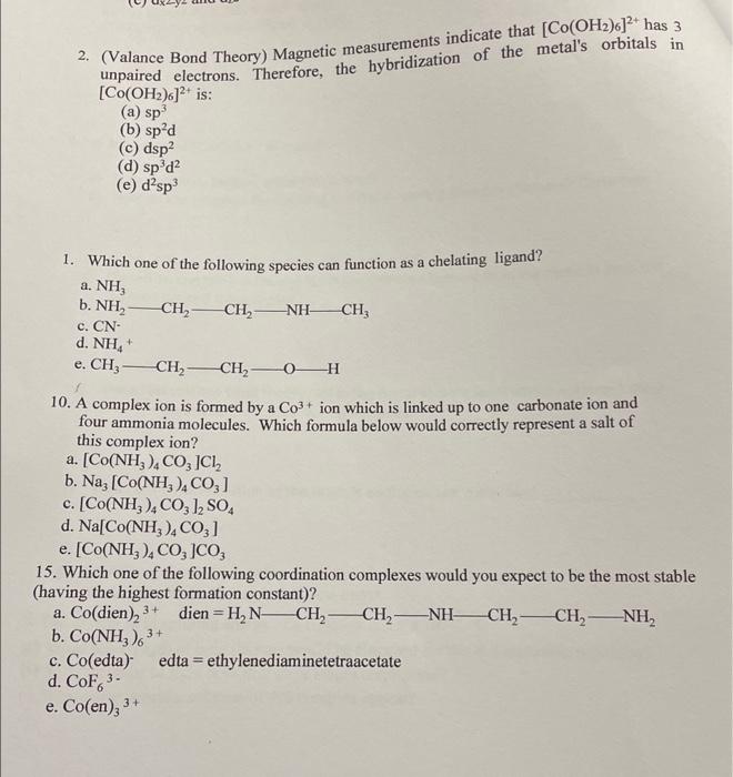 Solved 2. (Valance Bond Theory) Magnetic measurements | Chegg.com