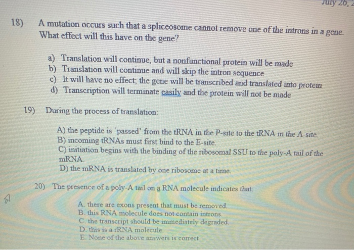 Solved July 26, 18) A mutation occurs such that a | Chegg.com
