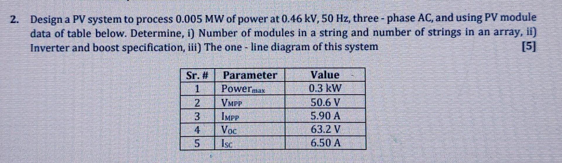 Solved 2. Design a PV system to process 0.005 MW of power at | Chegg.com
