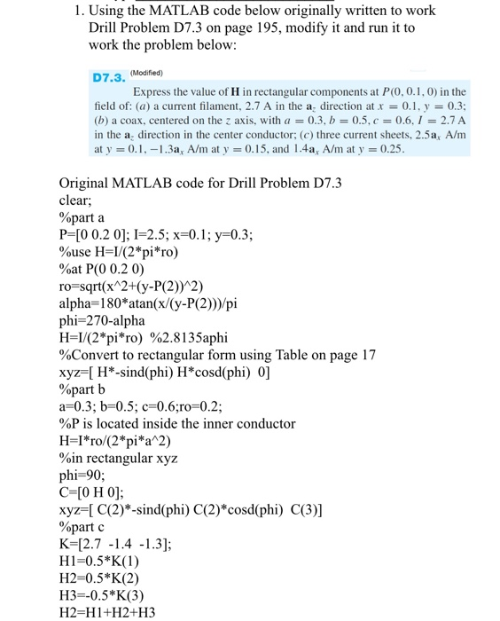 Solved 1. Using the MATLAB code below originally written to | Chegg.com