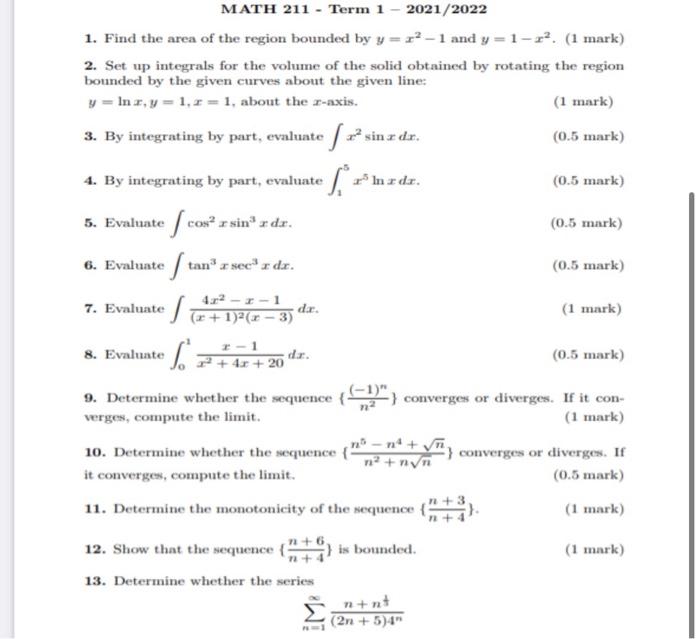 Solved MATH 211 - Term 1 - 2021/2022 1. Find the area of the | Chegg.com