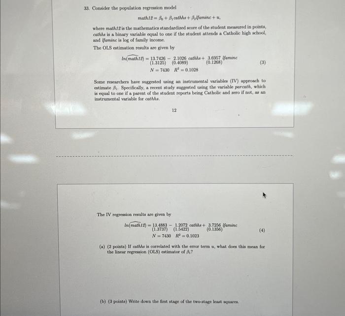 Solved 33. Consider the population regression model matht | Chegg.com