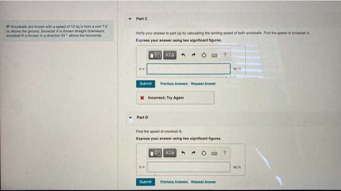 Solved Part Ip Snowballs Are Thrown With A Speed Of 12 M S 