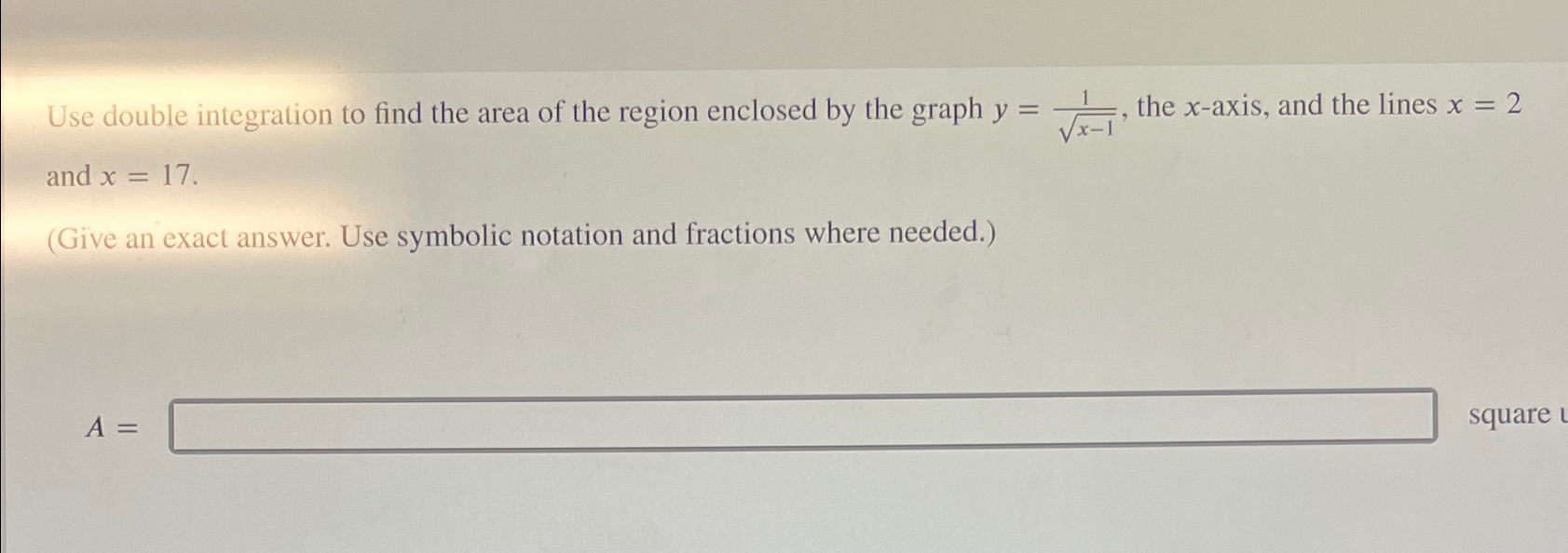 Solved Use double integration to find the area of the region | Chegg.com