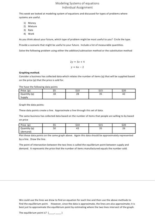 Solved Modeling Systems of equations Individual Assignment | Chegg.com