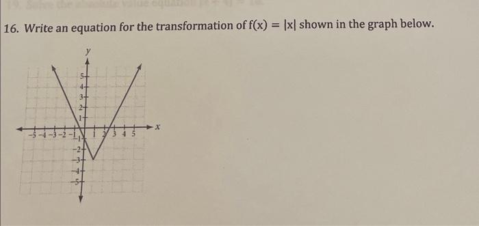 16. Write an equation for the transformation of \( \mathrm{f}(\mathrm{x})=|\mathrm{x}| \) shown in the graph below.