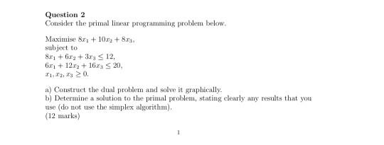Solved Question 2 Consider the primal linear programming | Chegg.com