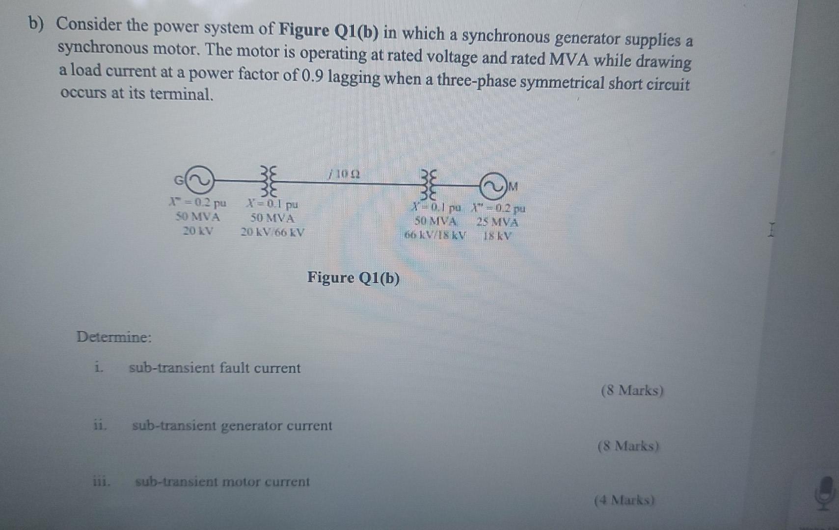 Solved b) Consider the power system of Figure Q1(b) in which | Chegg.com