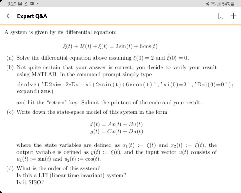 Solved 9 29 Al 54 Expert Q A A System Is Given By It Chegg Com