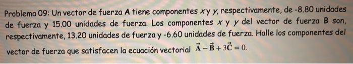 Problema 09: Un vector de fuerza \( A \) tiene componentes \( x y y \), respectivamente, de -8.80 unidades de fuerza y 15.00