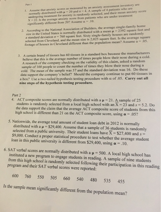 Solved Part 1 1 Assume That Anxiety Scores As Measured By Chegg