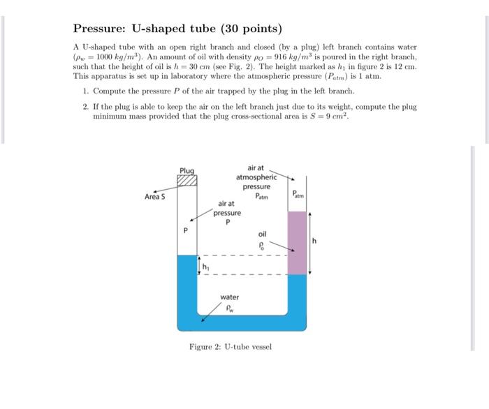 Solved Pressure: U-shaped tube (30 points) A U-shaped tube | Chegg.com