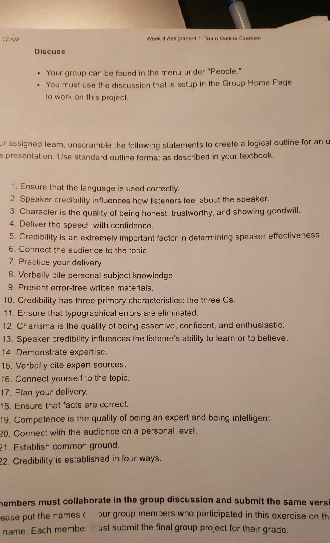 Week 4 Assignment 1: Team Outline Exercise Discuss • | Chegg.com