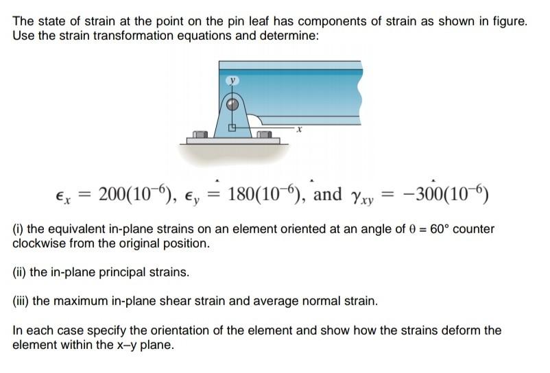 Solved The state of strain at the point on the pin leaf has