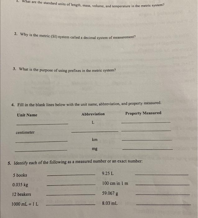Solved 1. What are the standard units of length, mass,