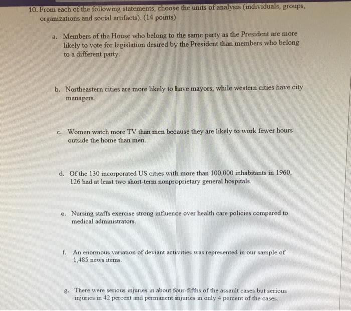 Solved 10. From each of the following statements, choose the | Chegg.com