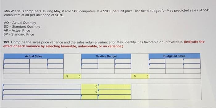 Mia Wiz sells computers. During May, it sold 500 computers at a \( \$ 900 \) per unit price. The fixed budget for May predict